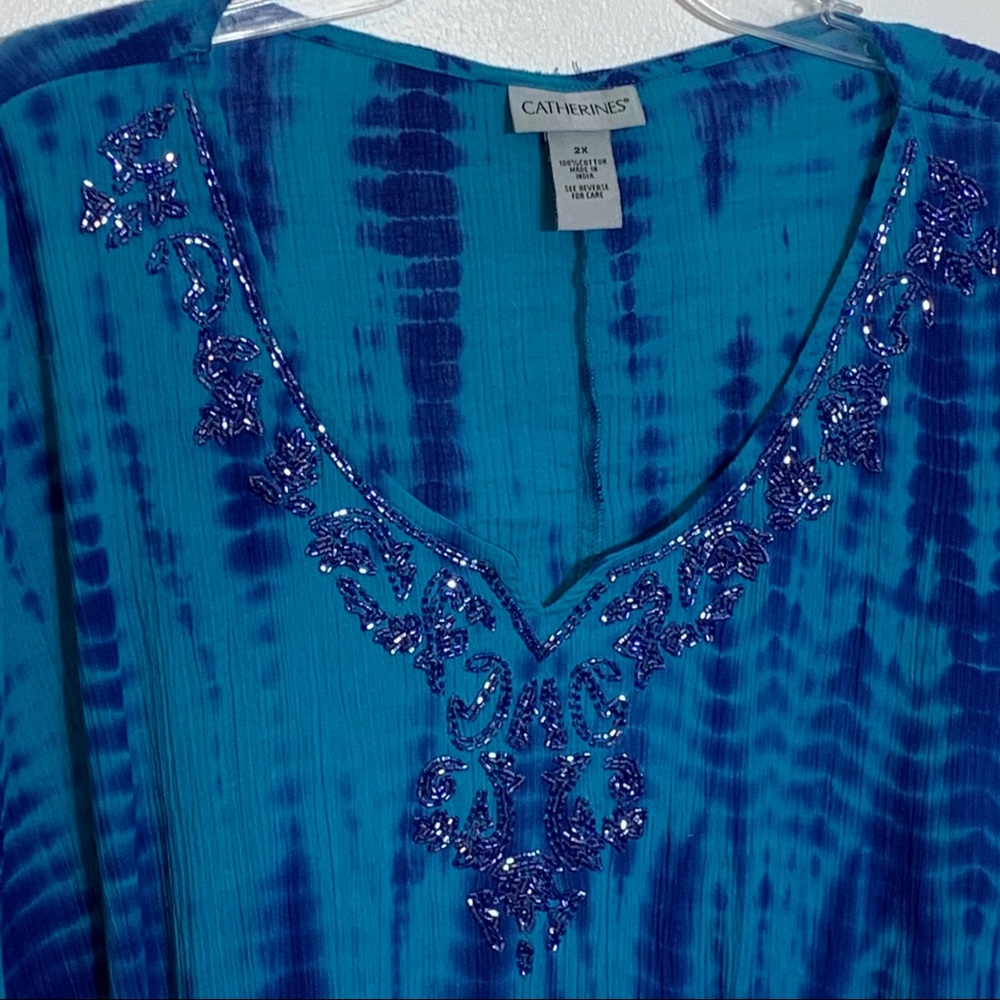 NWT Catherines Teal and Blue Tie Dye Beaded Blouse - Picture 4 of 8